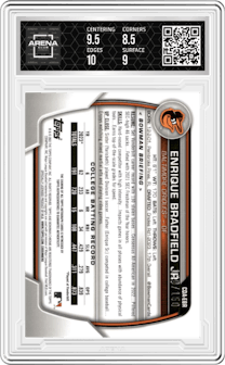 Enrique Bradfield Jr. from the 2023 Bowman Draft set featuring a Blue Wave Refractor parallel graded by Arena Club and given an overall grade of 9.