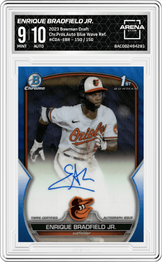 Enrique Bradfield Jr. from the 2023 Bowman Draft set featuring a Blue Wave Refractor parallel graded by Arena Club and given an overall grade of 9.