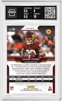 Chase Young from the 2020 Panini Prizm set featuring a Purple Power  parallel graded by Arena Club and given an overall grade of 9.5.