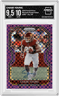 Chase Young from the 2020 Panini Prizm set featuring a Purple Power  parallel graded by Arena Club and given an overall grade of 9.5.