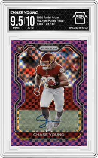 Chase Young from the 2020 Panini Prizm set featuring a Purple Power  parallel graded by Arena Club and given an overall grade of 9.5.