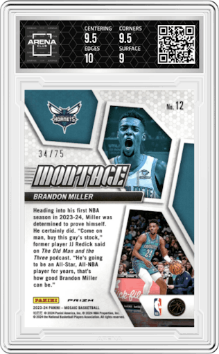 Brandon Miller from the 2023-24 Panini Mosaic set featuring a Teal parallel graded by Arena Club and given an overall grade of 9.5.