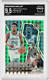 Brandon Miller from the 2023-24 Panini Mosaic set featuring a Teal parallel graded by Arena Club and given an overall grade of 9.5.