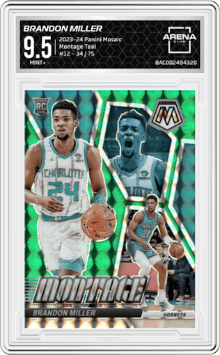 Brandon Miller from the 2023-24 Panini Mosaic set featuring a Teal parallel graded by Arena Club and given an overall grade of 9.5.