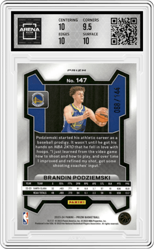 Brandin Podziemski from the 2023-24 Panini Prizm set featuring a Blue Sparkle parallel graded by Arena Club and given an overall grade of 10.