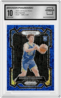 Brandin Podziemski from the 2023-24 Panini Prizm set featuring a Blue Sparkle parallel graded by Arena Club and given an overall grade of 10.