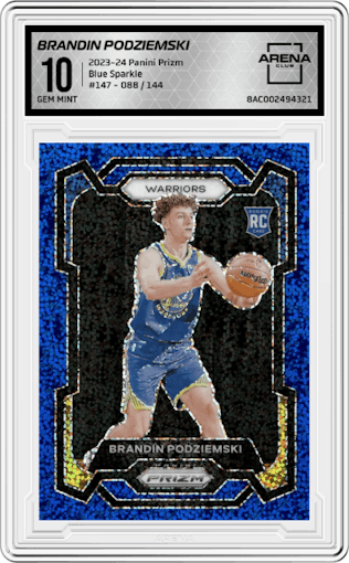 Brandin Podziemski from the 2023-24 Panini Prizm set featuring a Blue Sparkle parallel graded by Arena Club and given an overall grade of 10.