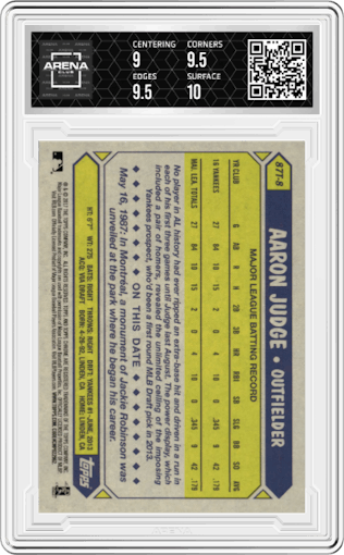 Aaron Judge from the 2017 Topps Chrome set graded by Arena Club and given an overall grade of 9.5.