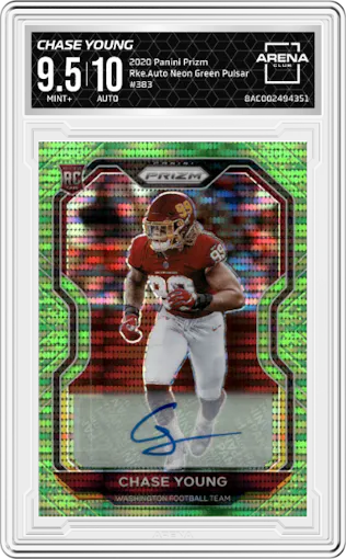 Chase Young from the 2020 Panini Prizm set featuring a  Neon Green Pulsar parallel graded by Arena Club and given an overall grade of 9.5.