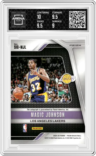 Magic Johnson from the 2024-25 Panini Prizm set featuring a Choice parallel graded by Arena Club and given an overall grade of 9.5.