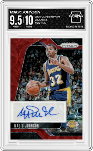 Magic Johnson from the 2024-25 Panini Prizm set featuring a Choice parallel graded by Arena Club and given an overall grade of 9.5.