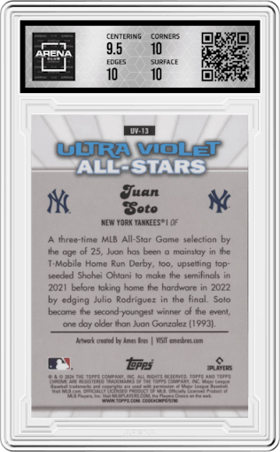 Juan Soto from the 2024 Topps Chrome set graded by Arena Club and given an overall grade of 10.