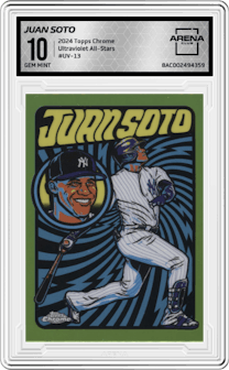 Juan Soto from the 2024 Topps Chrome set graded by Arena Club and given an overall grade of 10.