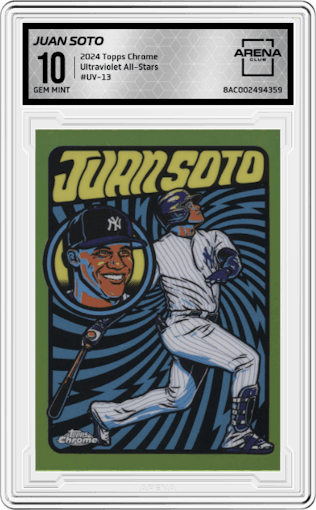 Juan Soto from the 2024 Topps Chrome set graded by Arena Club and given an overall grade of 10.