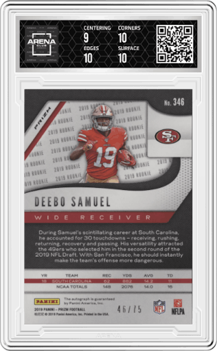 Deebo Samuel from the 2019 Panini Prizm set featuring a Green Scope parallel graded by Arena Club and given an overall grade of 9.5.