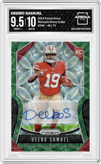 Deebo Samuel from the 2019 Panini Prizm set featuring a Green Scope parallel graded by Arena Club and given an overall grade of 9.5.