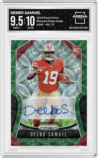 Deebo Samuel from the 2019 Panini Prizm set featuring a Green Scope parallel graded by Arena Club and given an overall grade of 9.5.
