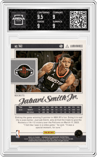 Jabari Smith Jr. from the 2022-23 Panini Chronicles  set featuring a Asia Red Gold parallel graded by Arena Club and given an overall grade of 9.
