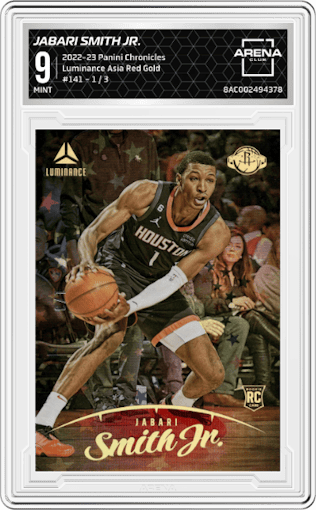 Jabari Smith Jr. from the 2022-23 Panini Chronicles  set featuring a Asia Red Gold parallel graded by Arena Club and given an overall grade of 9.