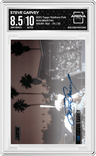 Steve Garvey from the 2021 Topps Stadium Club set featuring a Black Foil parallel graded by Arena Club and given an overall grade of 8.5.