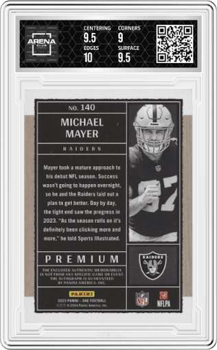 Michael Mayer from the 2023 Panini One set featuring a Platinum  parallel graded by Arena Club and given an overall grade of 9.5.