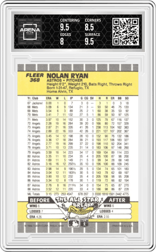 Nolan Ryan from the 1989 Fleer set graded by Arena Club and given an overall grade of 8.5.