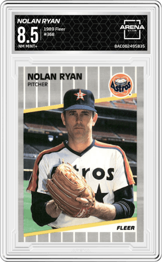 Nolan Ryan from the 1989 Fleer set graded by Arena Club and given an overall grade of 8.5.