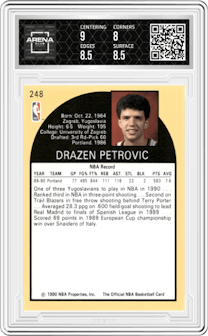 Drazen Petrovic from the 1990-91 NBA Hoops set graded by Arena Club and given an overall grade of 8.5.