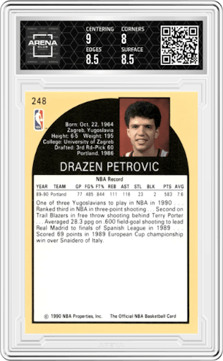 Drazen Petrovic from the 1990-91 NBA Hoops set graded by Arena Club and given an overall grade of 8.5.