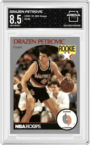 Drazen Petrovic from the 1990-91 NBA Hoops set graded by Arena Club and given an overall grade of 8.5.