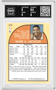 Mark Jackson from the 1990-91 NBA Hoops set graded by Arena Club and given an overall grade of 8.5.