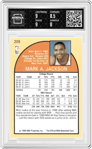Mark Jackson from the 1990-91 NBA Hoops set graded by Arena Club and given an overall grade of 8.5.