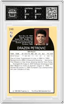 Drazen Petrovic from the 1990-91 NBA Hoops set graded by Arena Club and given an overall grade of 8.5.