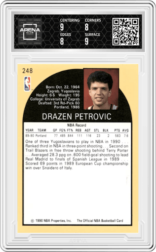 Drazen Petrovic from the 1990-91 NBA Hoops set graded by Arena Club and given an overall grade of 8.5.