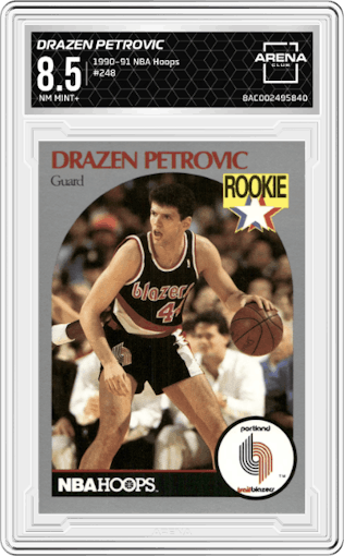 Drazen Petrovic from the 1990-91 NBA Hoops set graded by Arena Club and given an overall grade of 8.5.
