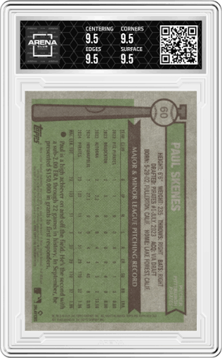 Paul Skenes from the 2025 Topps Heritage set graded by Arena Club and given an overall grade of 9.5.