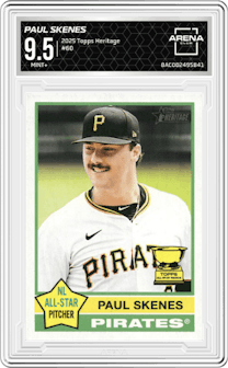 Paul Skenes from the 2025 Topps Heritage set graded by Arena Club and given an overall grade of 9.5.