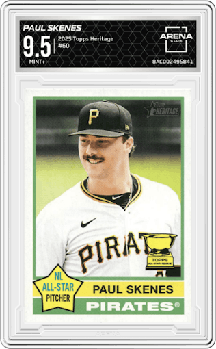 Paul Skenes from the 2025 Topps Heritage set graded by Arena Club and given an overall grade of 9.5.