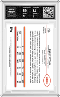 Bucky Irving from the 2024 Topps Chrome set featuring a Blue Refractor parallel graded by Arena Club and given an overall grade of 9.5.