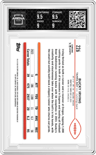 Bucky Irving from the 2024 Topps Chrome set featuring a Blue Refractor parallel graded by Arena Club and given an overall grade of 9.5.