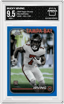 Bucky Irving from the 2024 Topps Chrome set featuring a Blue Refractor parallel graded by Arena Club and given an overall grade of 9.5.