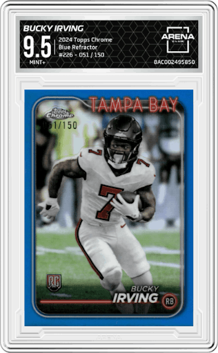 Bucky Irving from the 2024 Topps Chrome set featuring a Blue Refractor parallel graded by Arena Club and given an overall grade of 9.5.