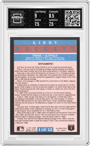 Kirby Puckett from the 1991 Fleer set graded by Arena Club and given an overall grade of 8.