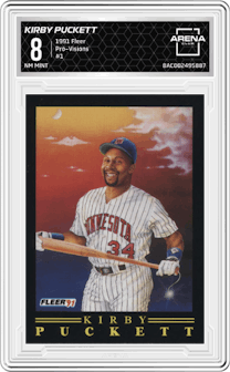 Kirby Puckett from the 1991 Fleer set graded by Arena Club and given an overall grade of 8.