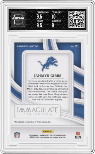 Jahmyr Gibbs  from the 2023 Panini Immaculate Collection  set graded by Arena Club and given an overall grade of 9.5.