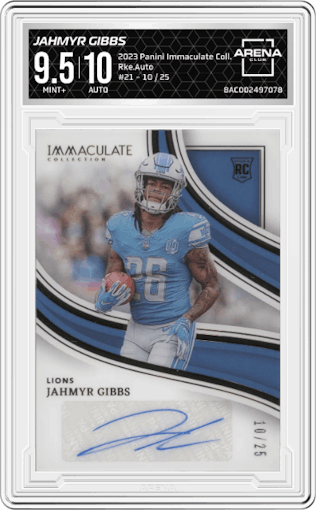 Jahmyr Gibbs  from the 2023 Panini Immaculate Collection  set graded by Arena Club and given an overall grade of 9.5.