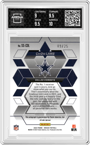 CeeDee Lamb from the 2023 Panini Mosaic set featuring a Choice Fusion Green & Black parallel graded by Arena Club and given an overall grade of 9.5.