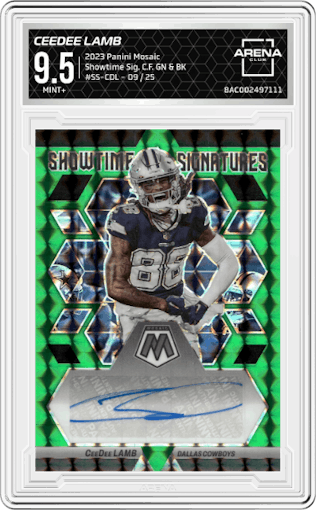CeeDee Lamb from the 2023 Panini Mosaic set featuring a Choice Fusion Green & Black parallel graded by Arena Club and given an overall grade of 9.5.