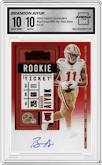 Brandon Aiyuk from the 2020 Panini Contenders set featuring a Red Zone FOTL parallel graded by Arena Club and given an overall grade of 10.