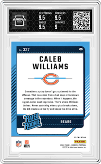 Caleb Williams from the 2024 Donruss set featuring a Blue Scope parallel and given an overall grade of 9.5.